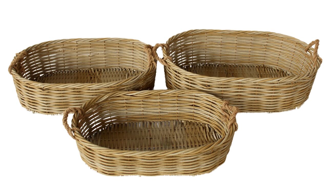 Set Of 3 Rattan Outdoor Low Oval Baskets
